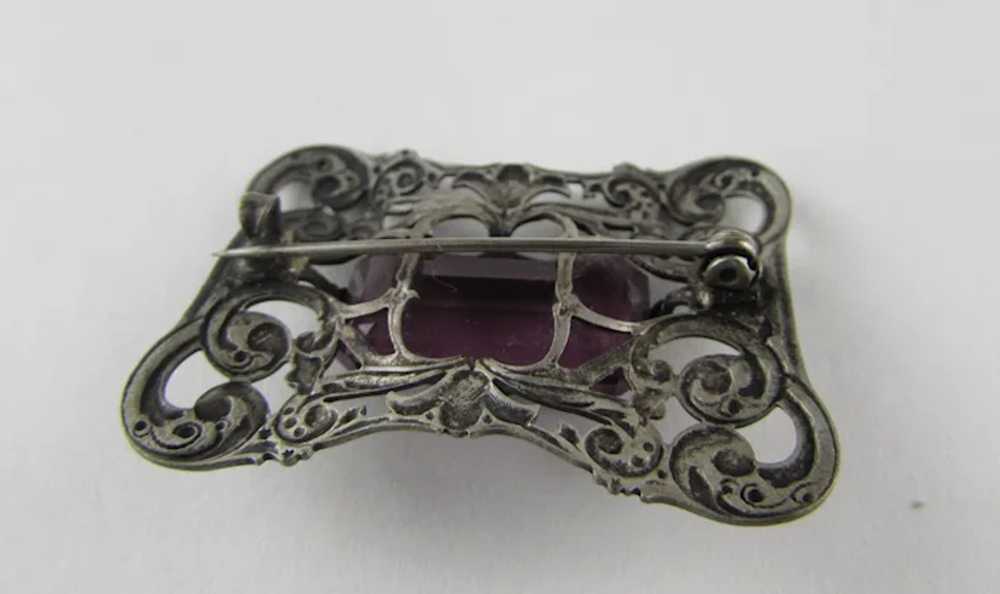 Victorian Silver Tone Brooch With Rich Purple Cry… - image 3