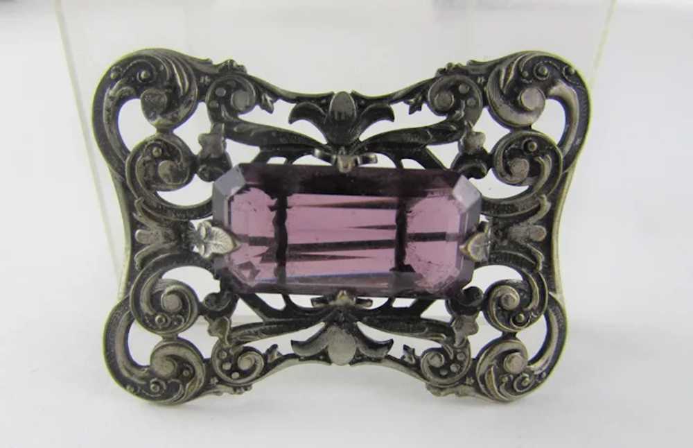 Victorian Silver Tone Brooch With Rich Purple Cry… - image 4