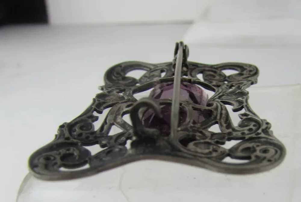 Victorian Silver Tone Brooch With Rich Purple Cry… - image 5