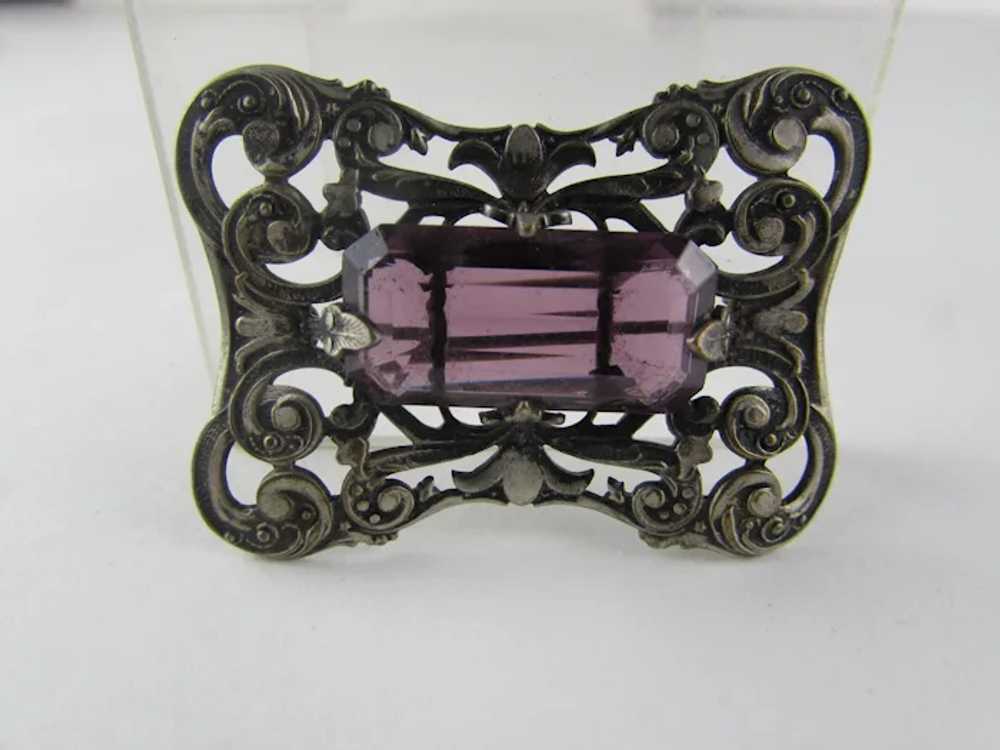 Victorian Silver Tone Brooch With Rich Purple Cry… - image 6