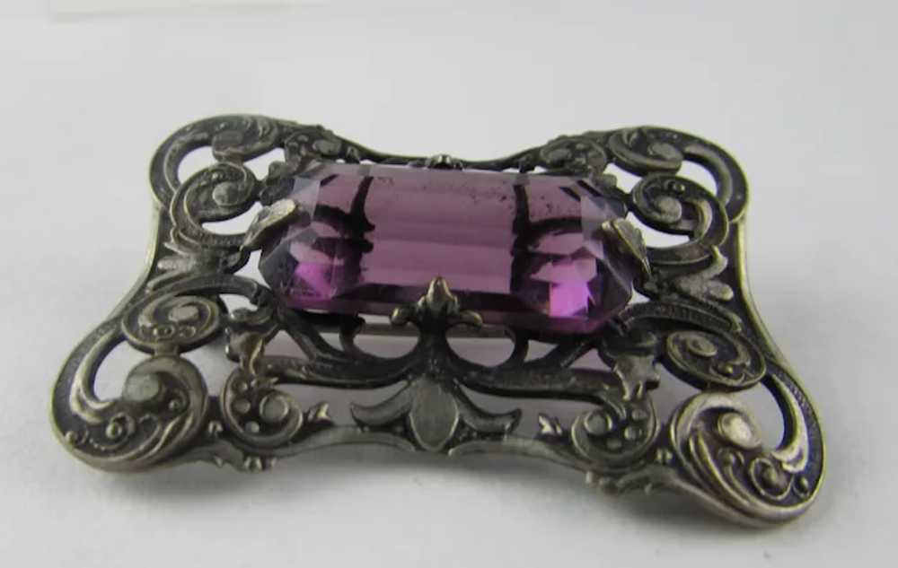 Victorian Silver Tone Brooch With Rich Purple Cry… - image 7