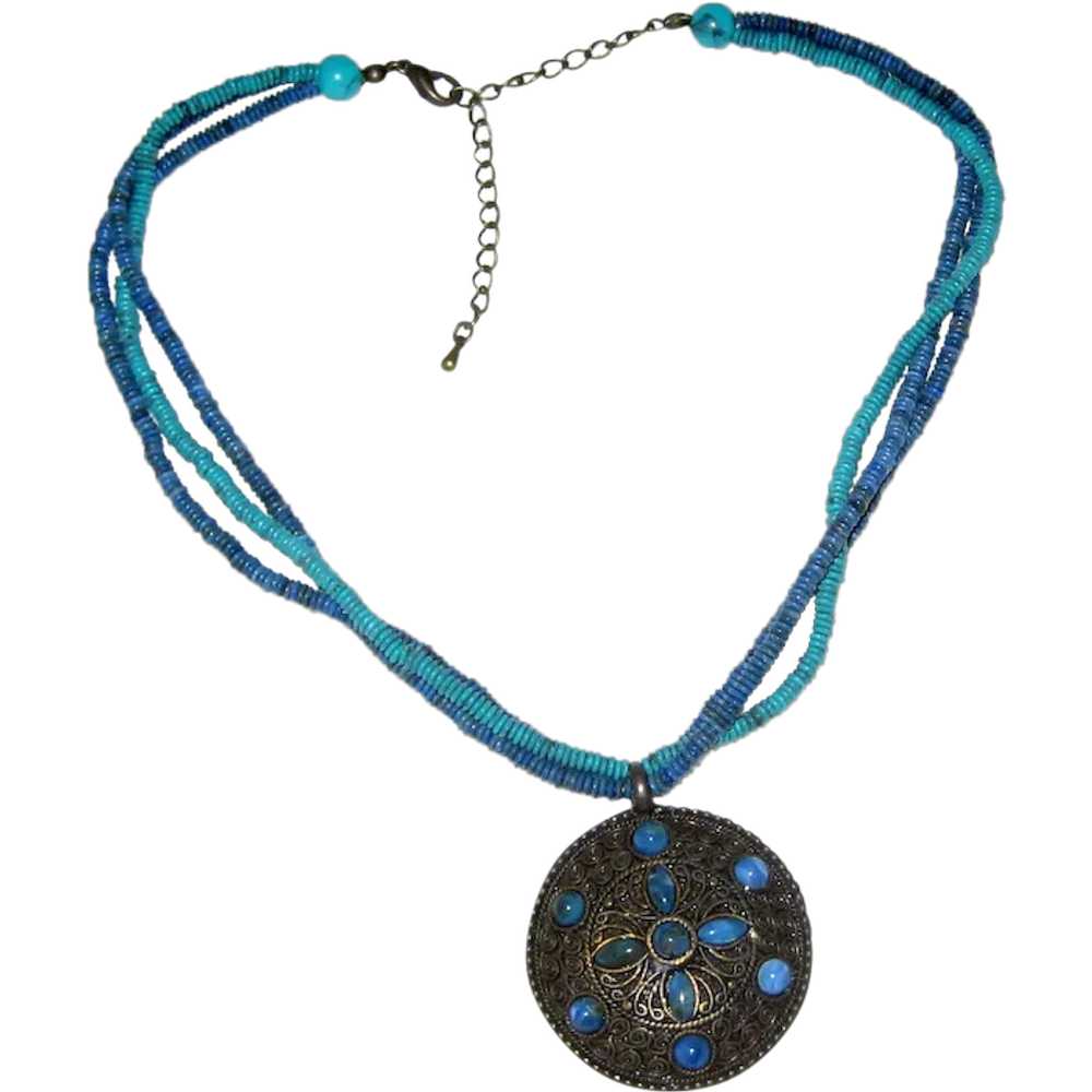 Medallion Necklace with Blue and Aqua Beads - image 1