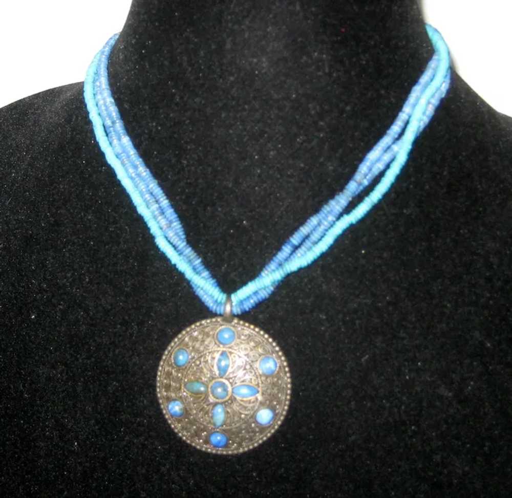 Medallion Necklace with Blue and Aqua Beads - image 2