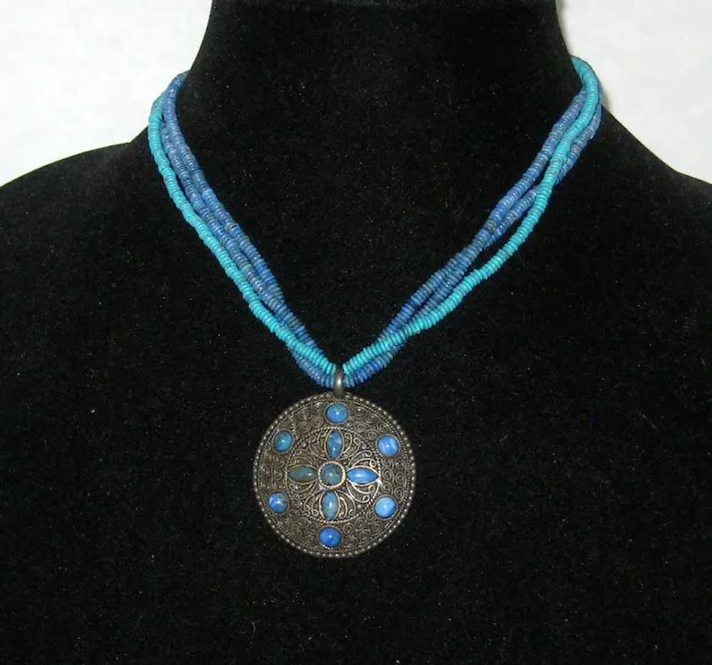 Medallion Necklace with Blue and Aqua Beads - image 3