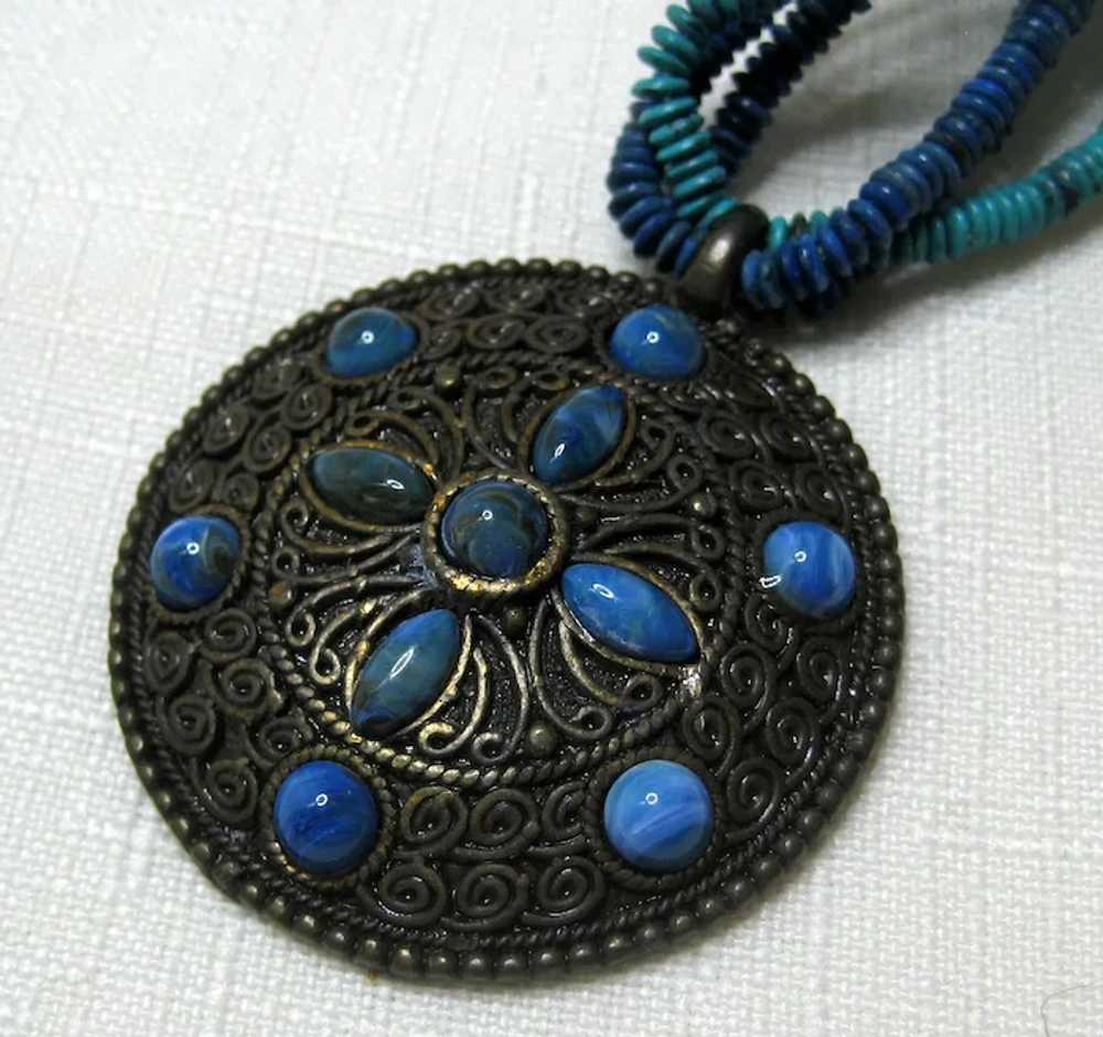 Medallion Necklace with Blue and Aqua Beads - image 4