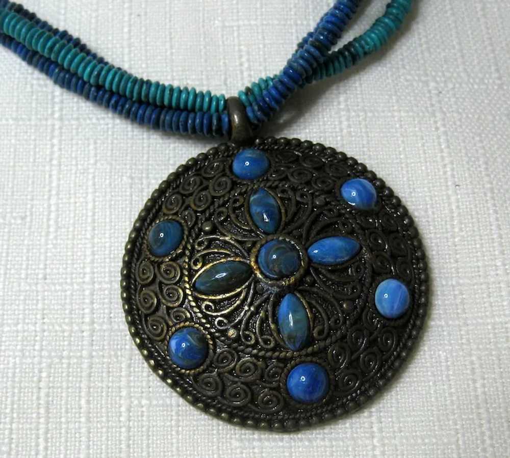 Medallion Necklace with Blue and Aqua Beads - image 5