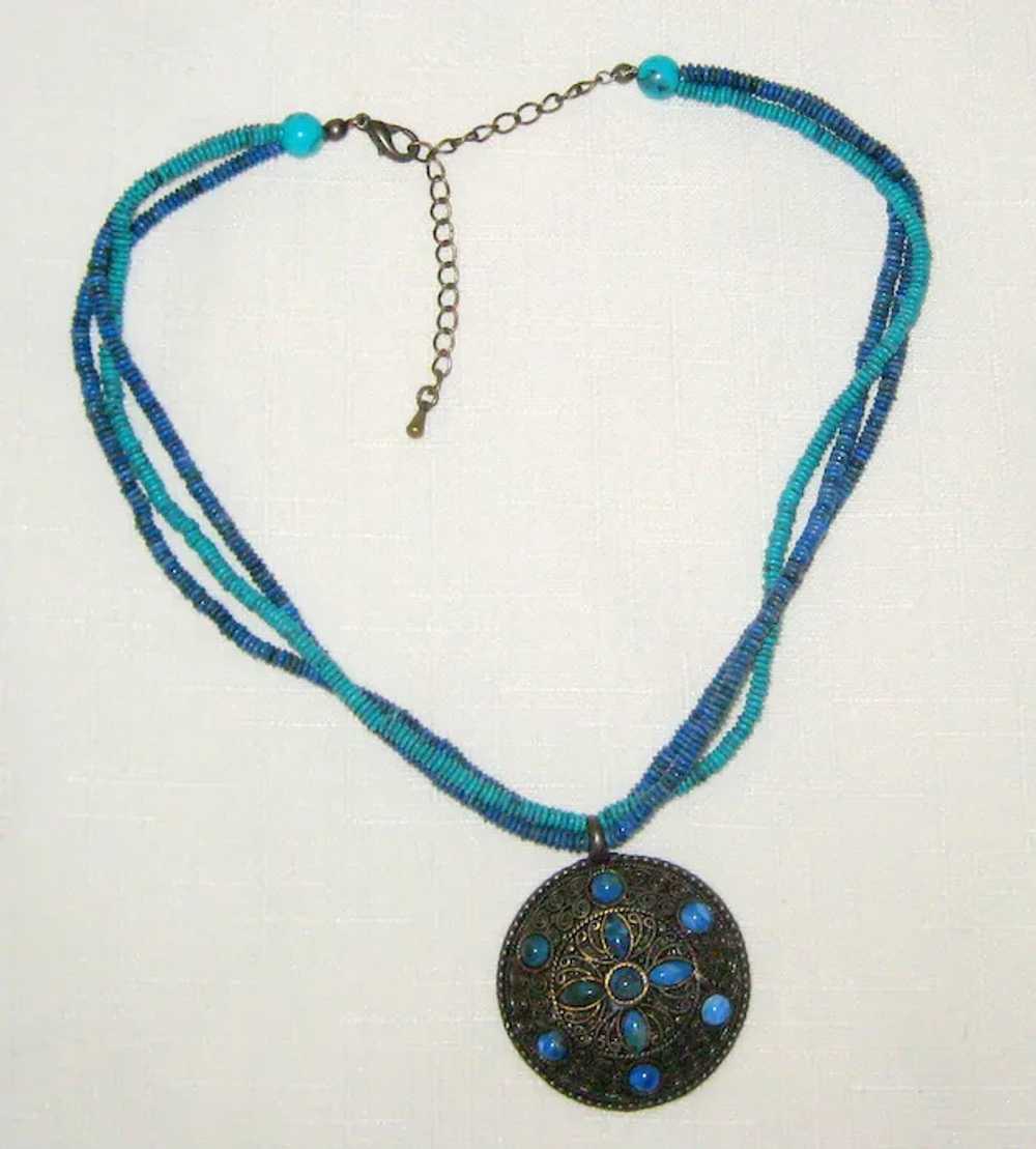 Medallion Necklace with Blue and Aqua Beads - image 7