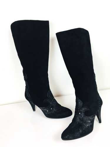 1980s Black Suede & Distressed Silver Studded Roc… - image 1