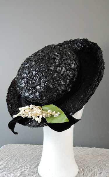 Vintage 1950s 'Miss Alice' Black Straw Hat with Li