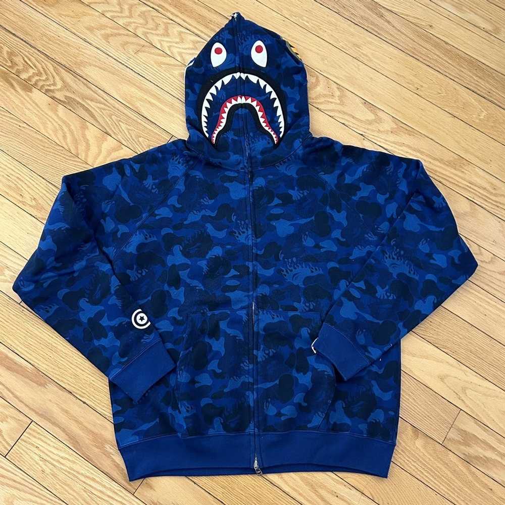 Bape #5 Bape Fire Camo Shark Hoodie Blue Medium - image 1