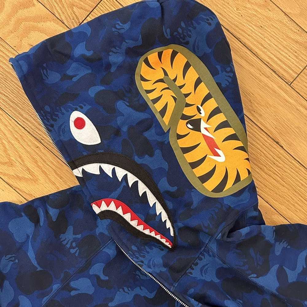 Bape #5 Bape Fire Camo Shark Hoodie Blue Medium - image 6