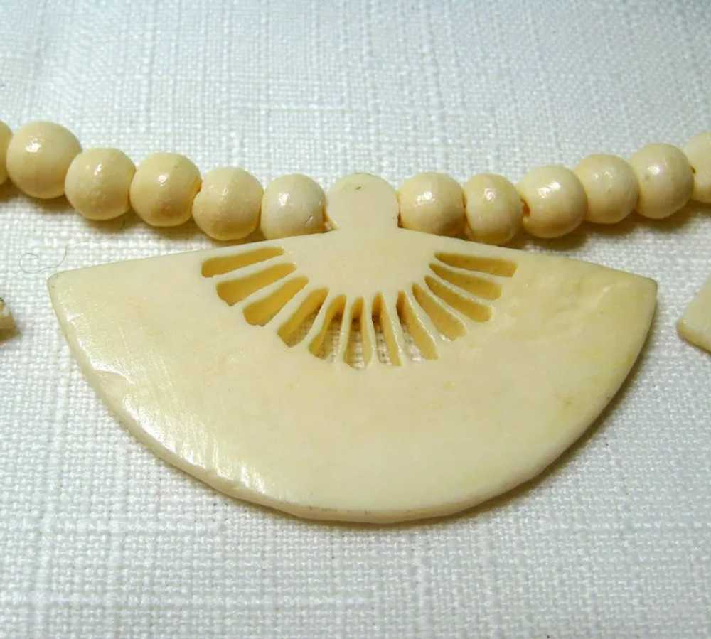 Mid-Century Carved Bone Three Fan Necklace - image 10