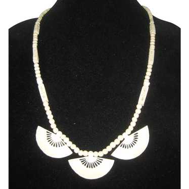Mid-Century Carved Bone Three Fan Necklace - image 1