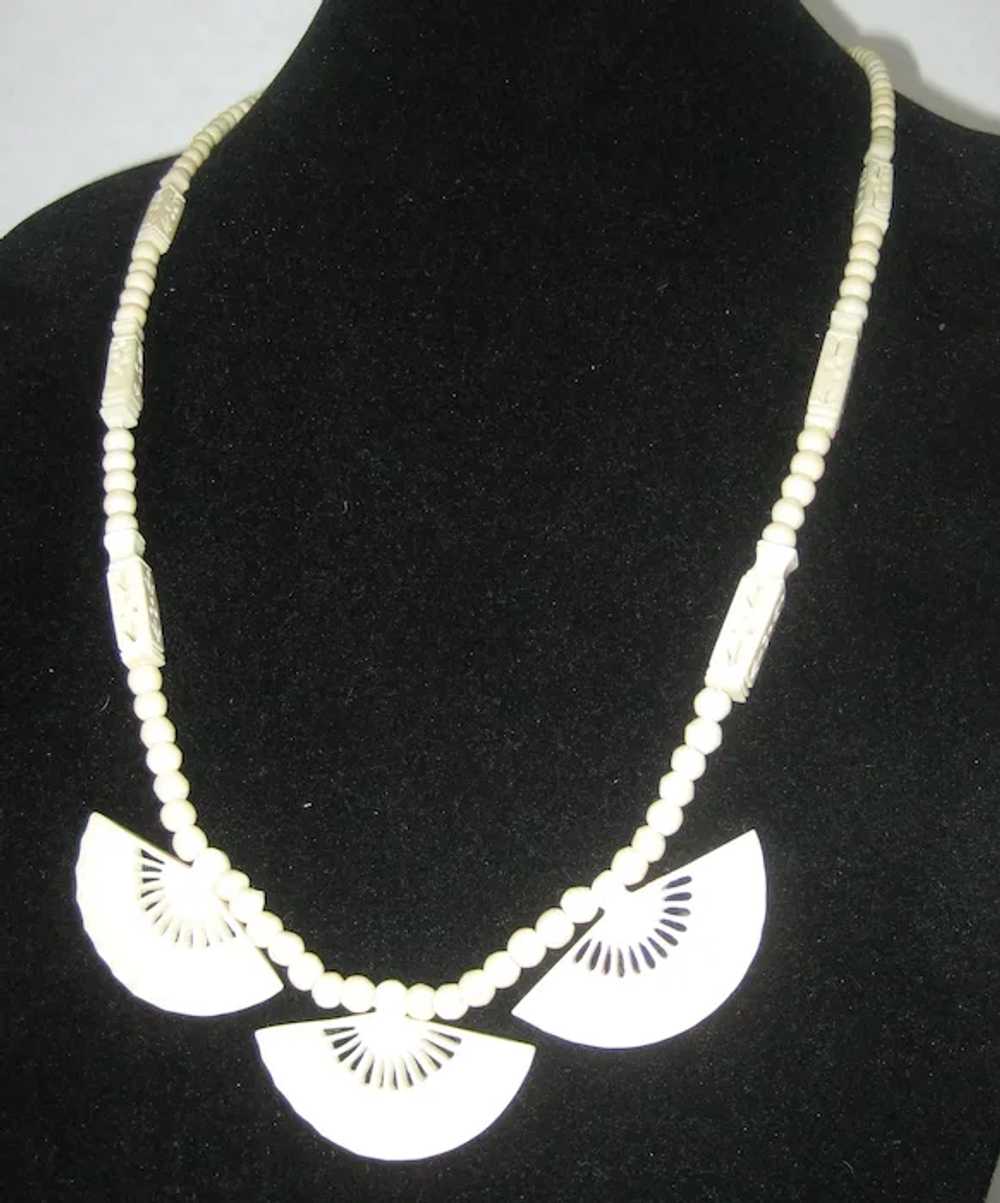 Mid-Century Carved Bone Three Fan Necklace - image 2