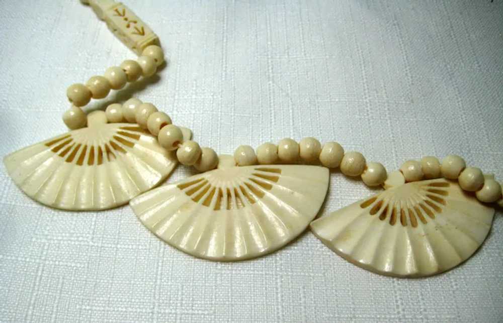 Mid-Century Carved Bone Three Fan Necklace - image 3