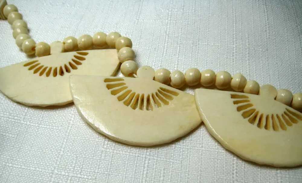 Mid-Century Carved Bone Three Fan Necklace - image 4