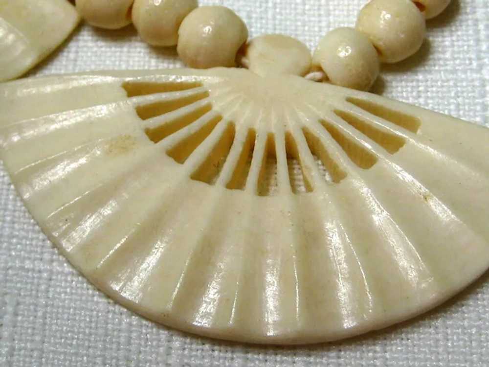 Mid-Century Carved Bone Three Fan Necklace - image 8