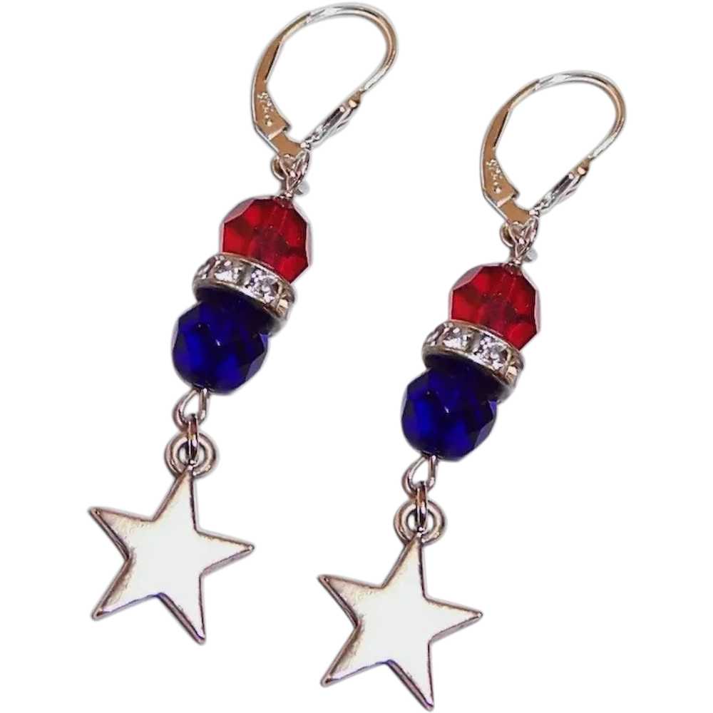 Patriotic Red & Blue Lever Back Earrings with Ste… - image 1