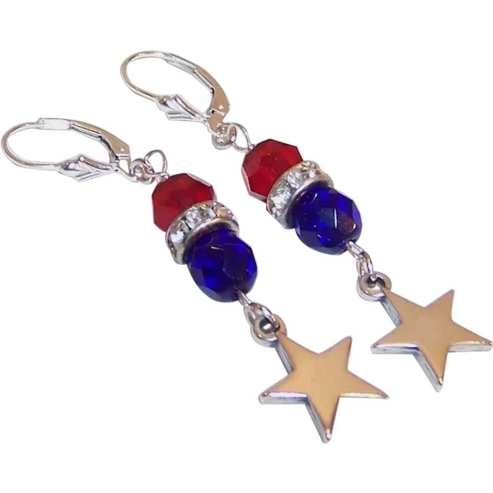 Patriotic Red & Blue Lever Back Earrings with Ste… - image 2