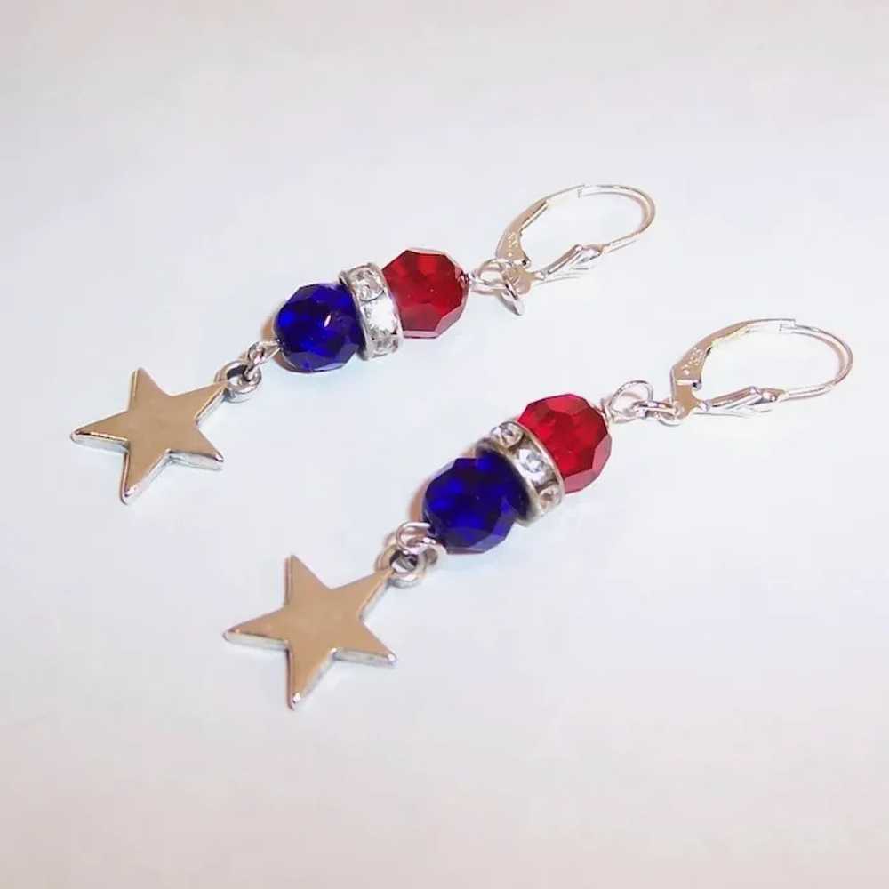 Patriotic Red & Blue Lever Back Earrings with Ste… - image 4