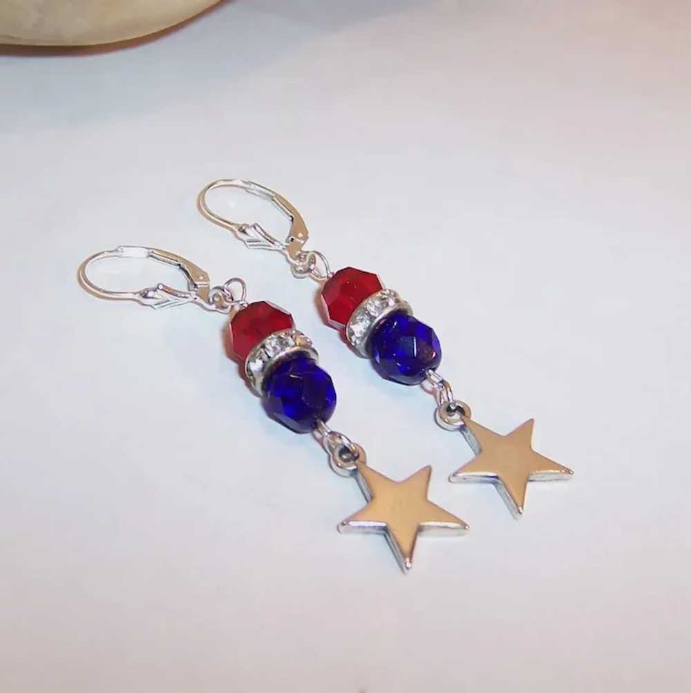 Patriotic Red & Blue Lever Back Earrings with Ste… - image 6