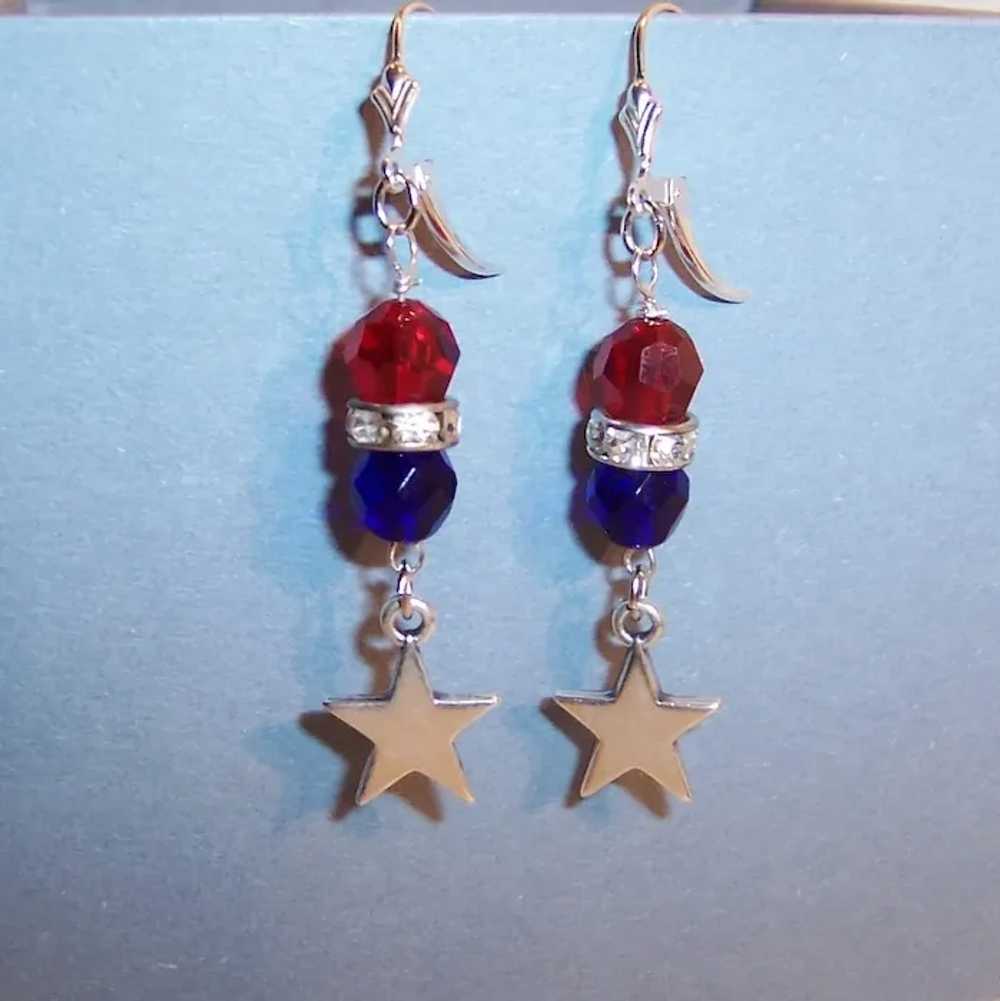 Patriotic Red & Blue Lever Back Earrings with Ste… - image 8