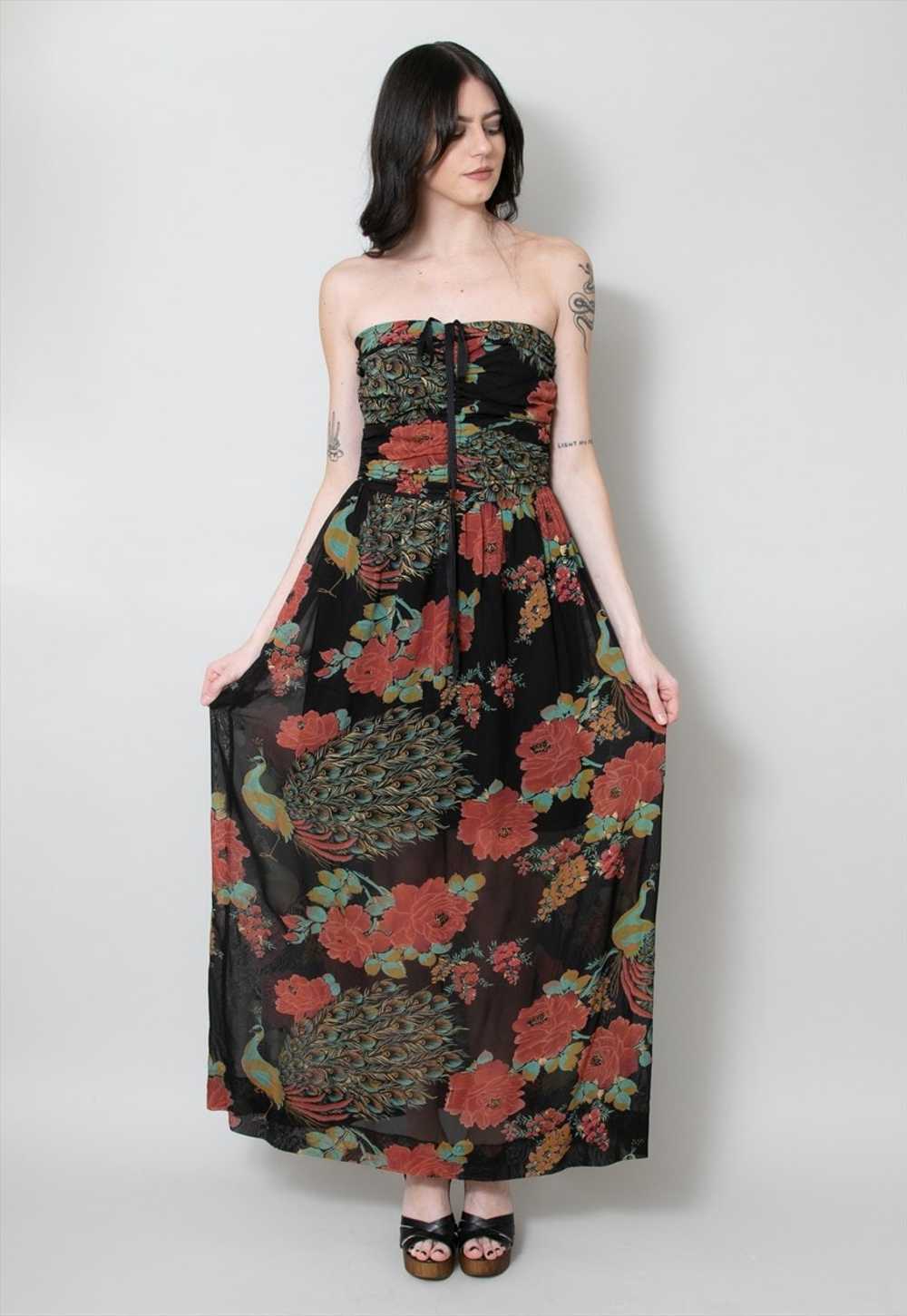 70's Vintage Louis Of London Black Floral Maxi Dr… - image 4