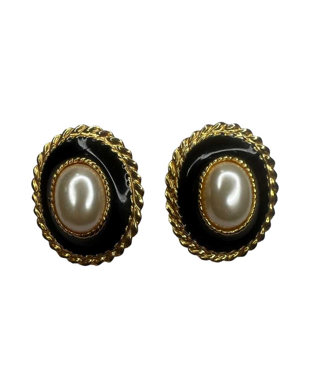 Large Gold, Black, and Faux Pearl Vintage Earrings - image 1