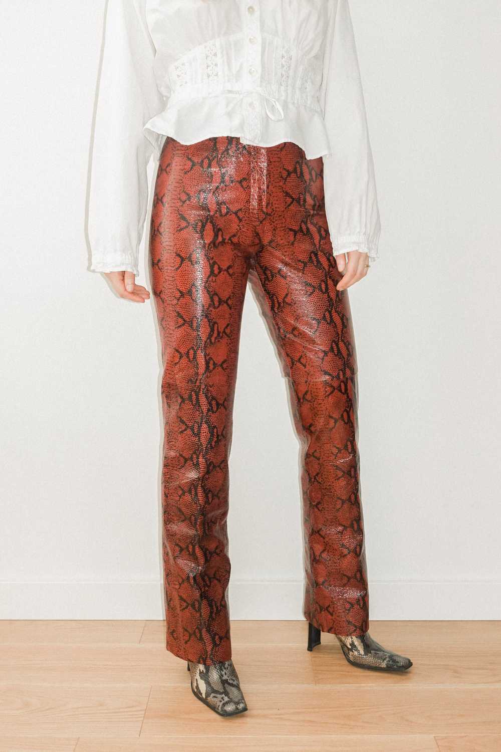 Red Leather Embossed Snake Print Trousers - image 1