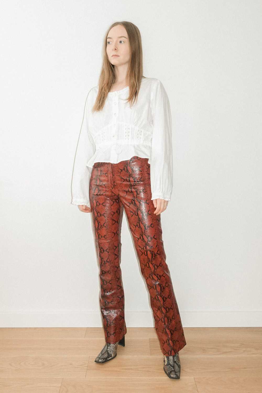Red Leather Embossed Snake Print Trousers - image 2