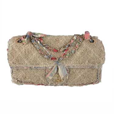 CHANEL - Quilted Stitched Tan Raffia / Straw CC C… - image 1