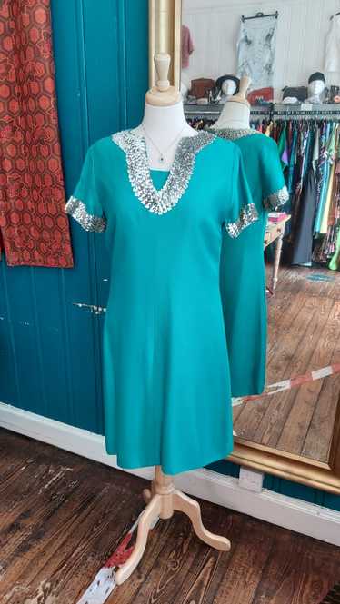 B40" 1960s Peter Barton Green Mod Dress with Sequi