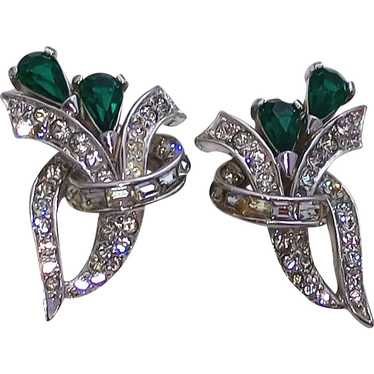 Iconic 1950's Boucher Clip Earrings Green and Clea