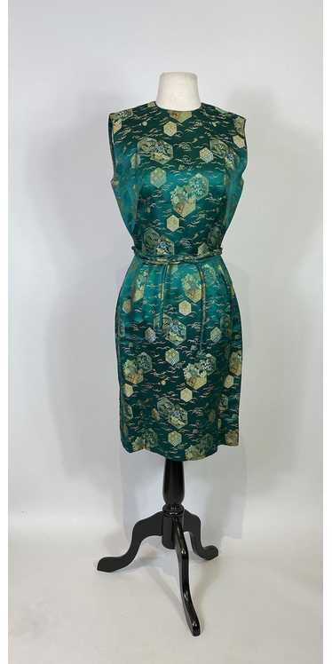 1950s Green Ornate Print Silk Satin Dress