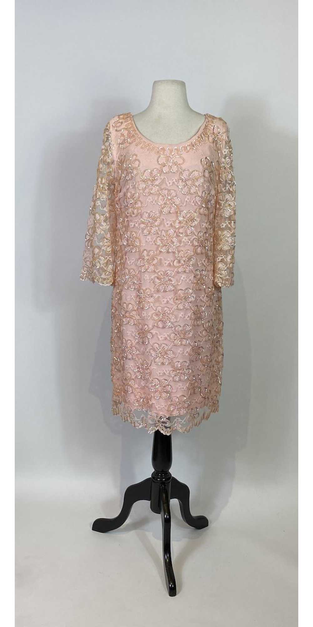 1960s Jr. Theme Pink Sequin and Lace Shift Dress - image 1