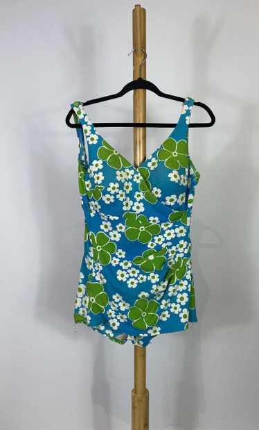 1960s Mod Flower Power Blue and Green Swimsuit