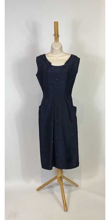 1940s Pure Silk Navy Rhinestone Wiggle Dress