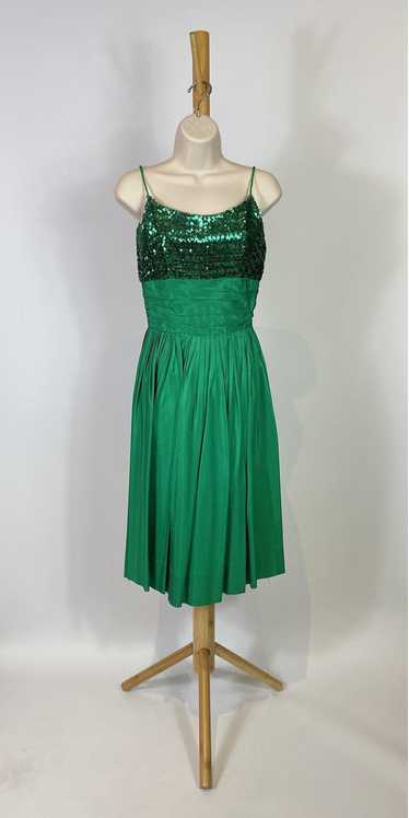 1950s - 1960s Green Sequin Taffeta Party Dress
