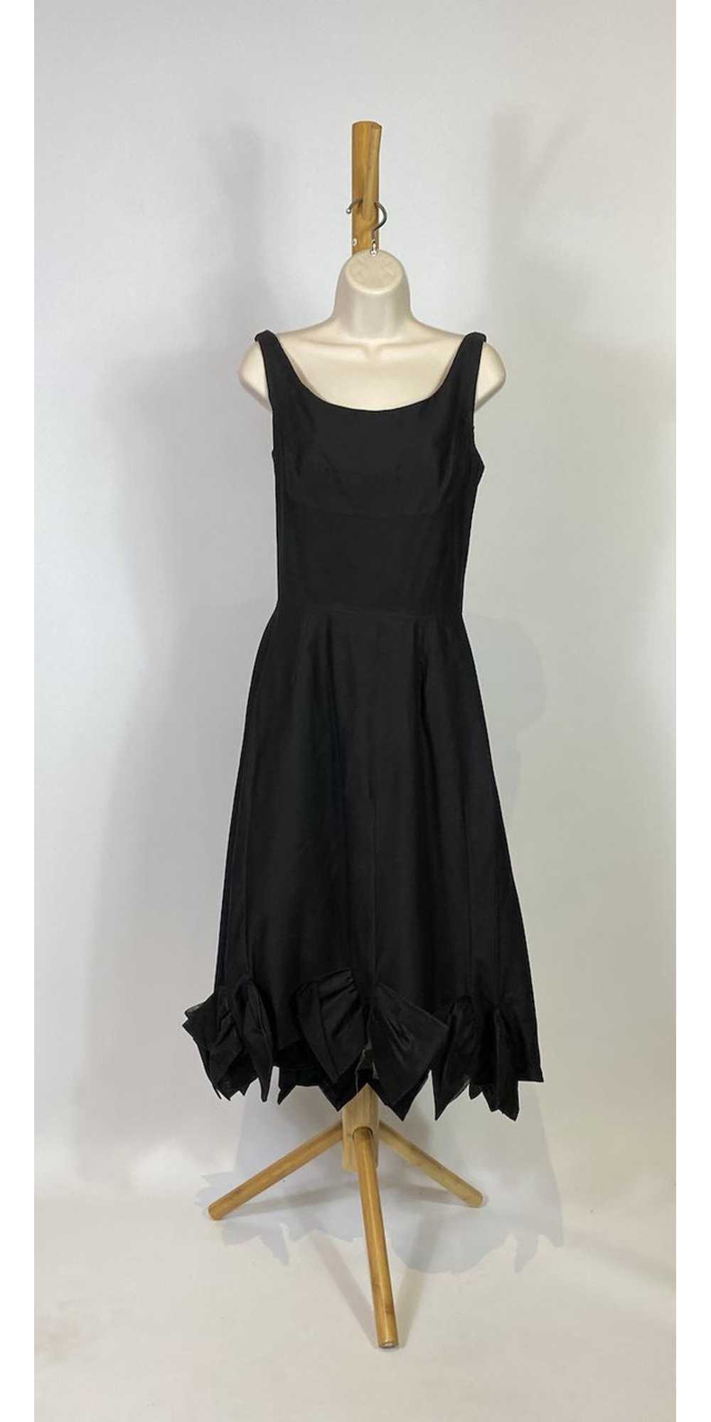 1950s Black Cotton Swing Dress with Silk Bow Trim - image 1