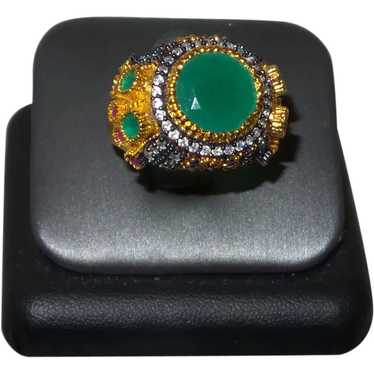 Ethnic Faux Emerald and Zircon Ring - image 1