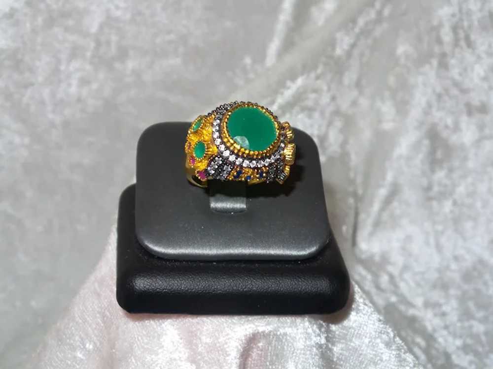 Ethnic Faux Emerald and Zircon Ring - image 8