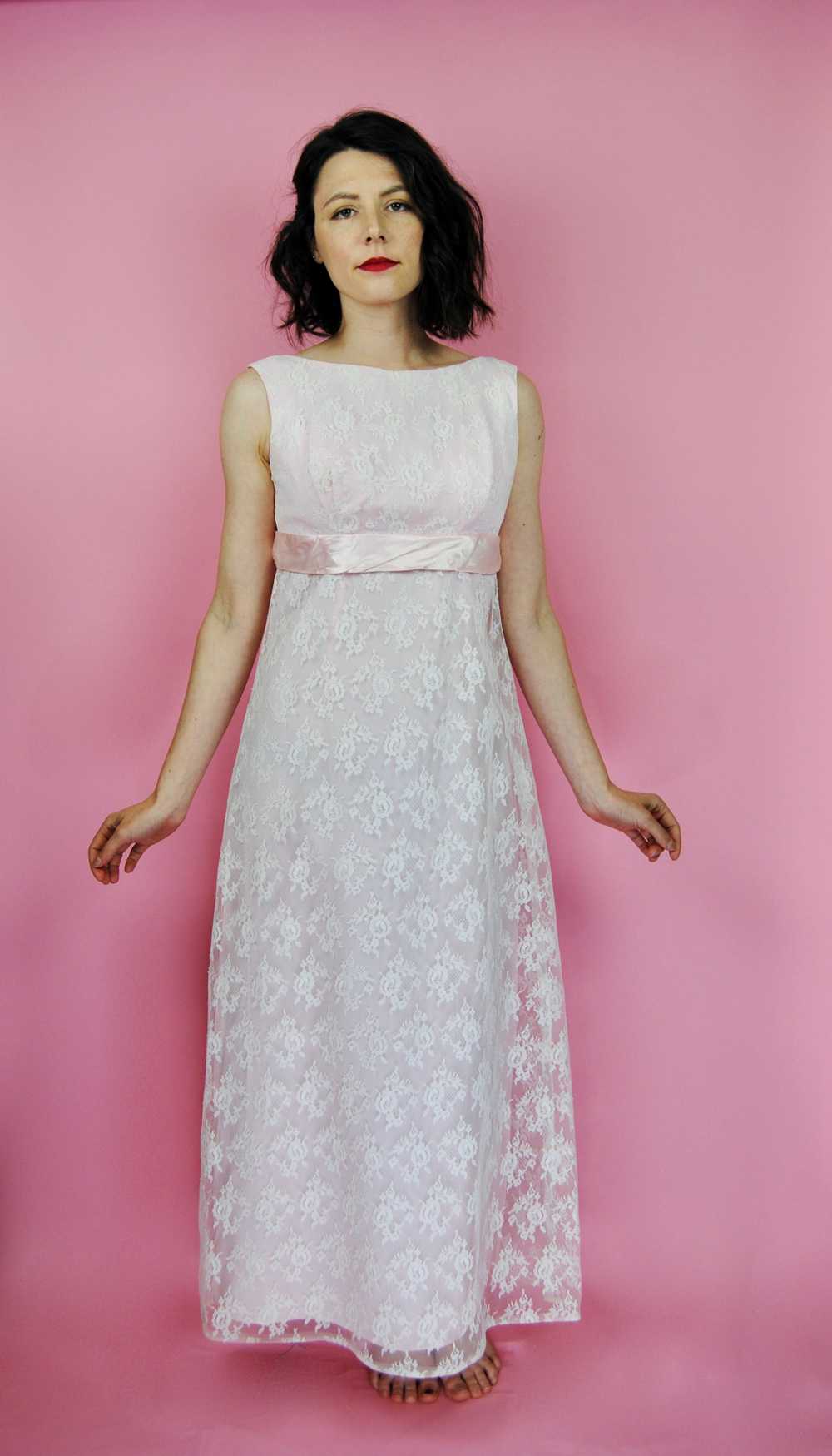 1960s Vintage Pale Pink Lace Gown with Satin Sash… - image 1