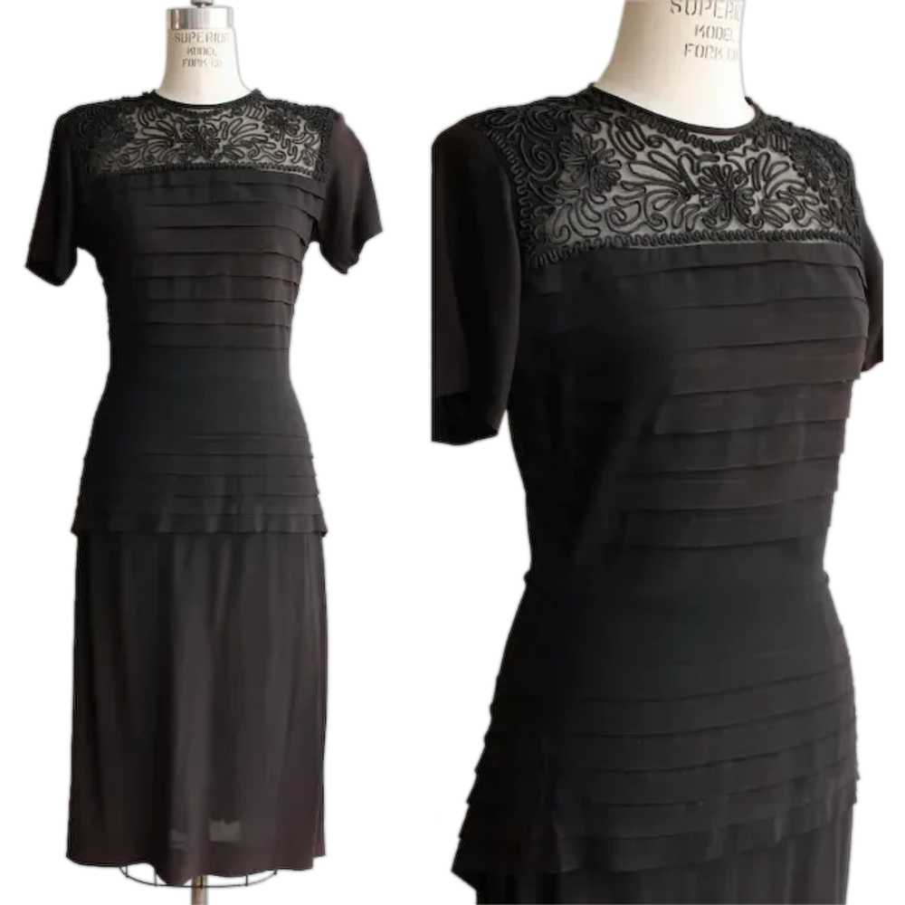 Vintage 1940s Dress / Black Rayon Dress With Sout… - image 1