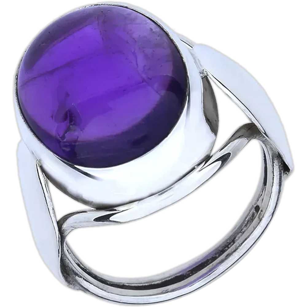 Sterling Silver 11.36ct Oval Amethyst Cabochon Ri… - image 1