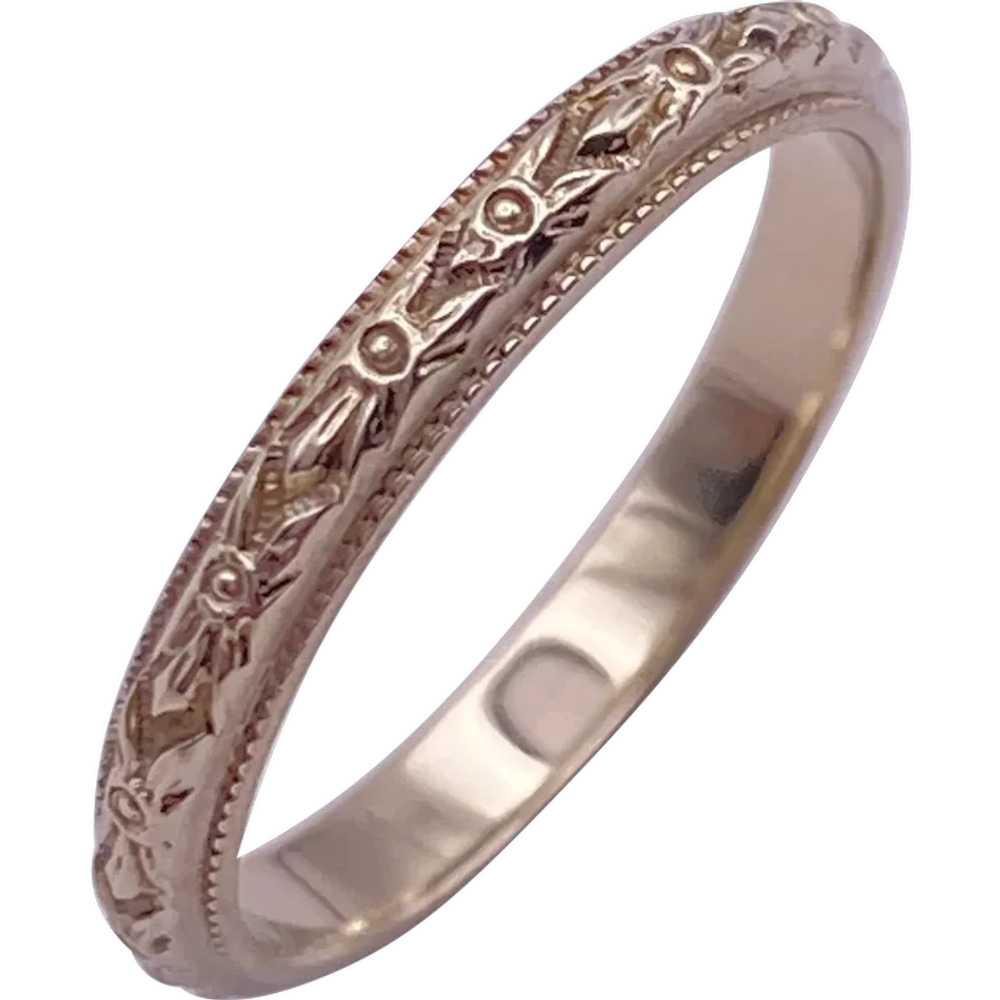 Vintage Floral Wedding or Stack Band Ring 18K Whi… - image 1