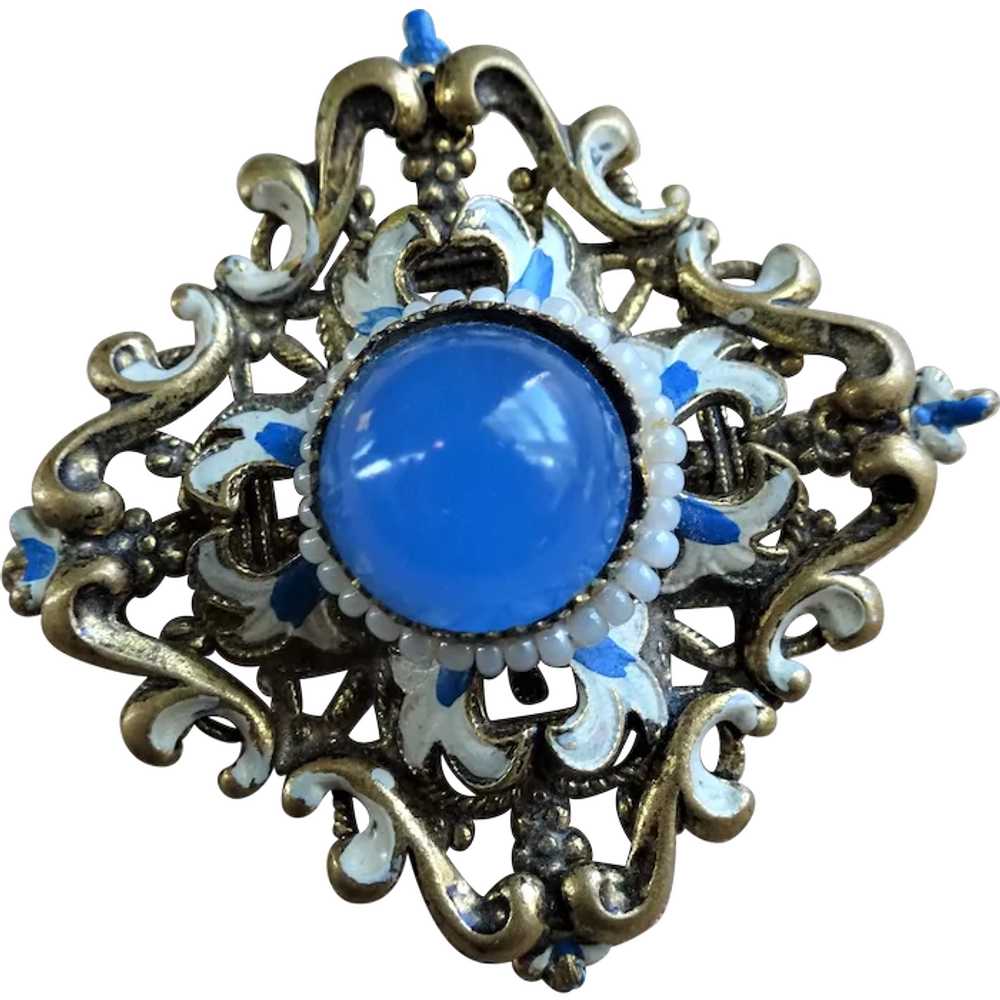 BEAUTIFUL  Antique Brooch, Blue Art Glass with Bl… - image 1