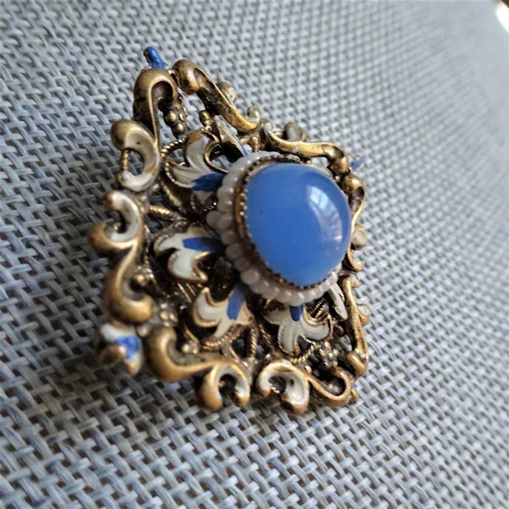 BEAUTIFUL  Antique Brooch, Blue Art Glass with Bl… - image 3