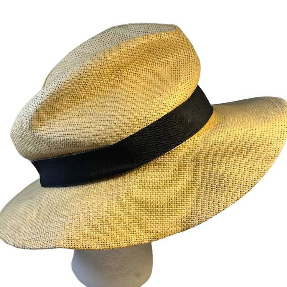 Vintage Panama Style tan straw fedora hat with bl… - image 10