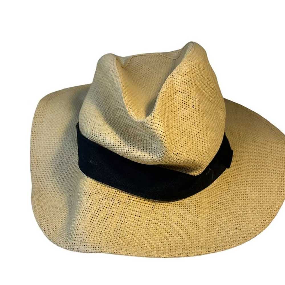 Vintage Panama Style tan straw fedora hat with bl… - image 12