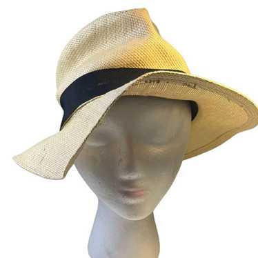 Vintage Panama Style tan straw fedora hat with bl… - image 1